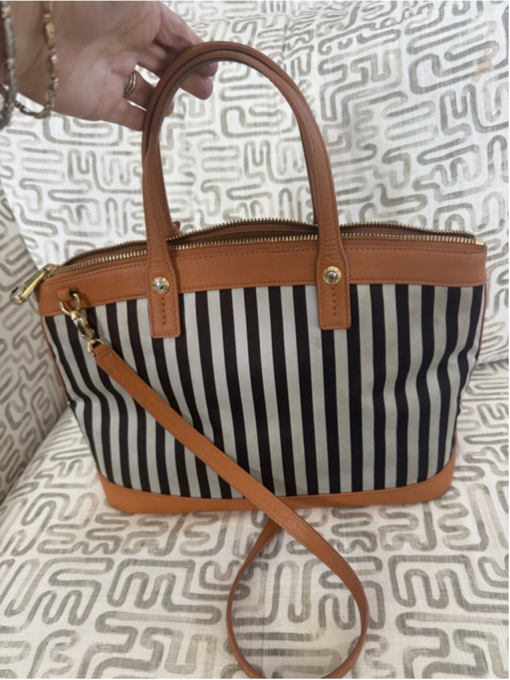 Henri Bendel Satchel with crossbody strap Brown & White Striped - Picture 4 of 15